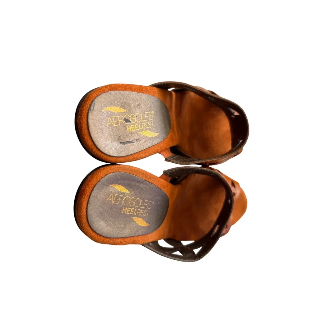 Aerosoles Allegiance Heelrest Tan Leather Cutout Slide Sandals Heels 9.5